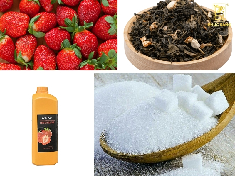 Nguyên liệu chuẩn bị để làm trà dâu tây Nguyên liệu chuẩn bị để làm trà dâu tây