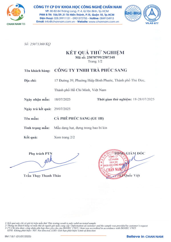 Kết quả thử nghiệm Cà phê Phúc Sang Gu III