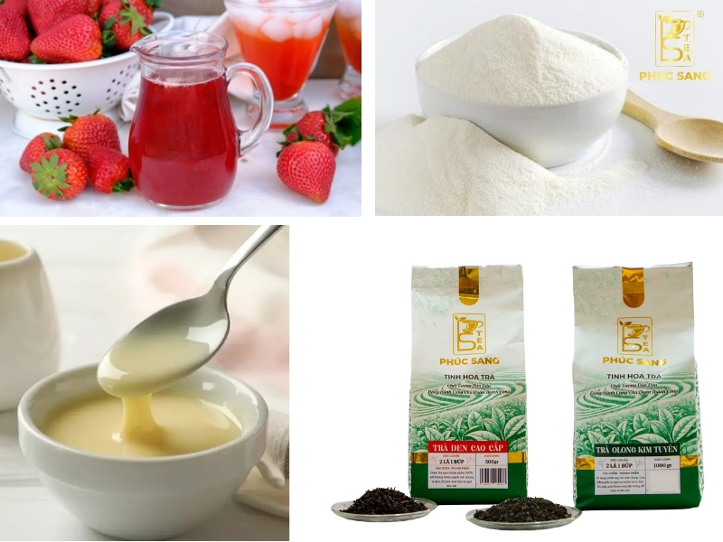 Nguyên liệu để pha trà sữa vị dâu tây bằng siro dâu