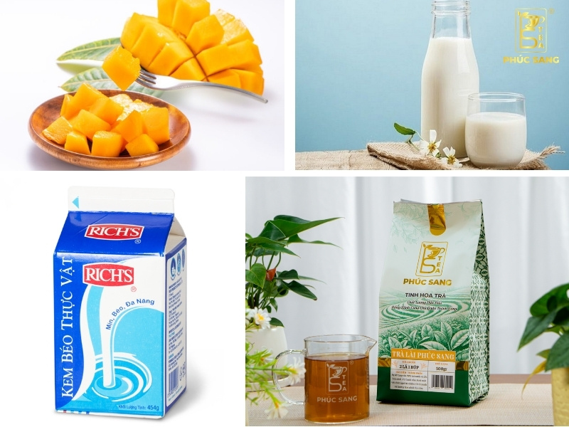 Nguyên liệu và dụng cụ cần thiết để pha trà xoài macchiato