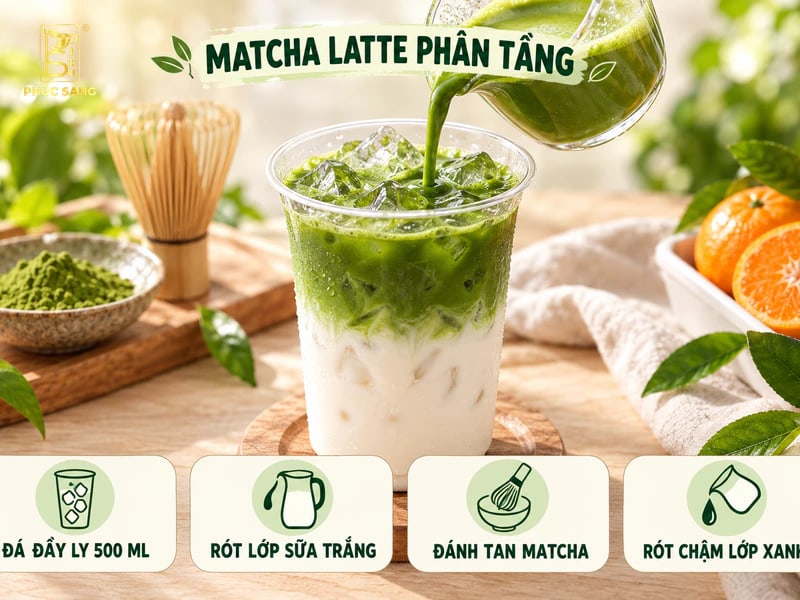 Ly matcha latte oatside phân tầng hai màu xanh – trắng trên đá viên Ly matcha latte oatside phân tầng hai màu xanh – trắng trên đá viên