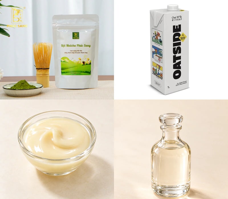 Nguyên liệu pha matcha latte oatside gồm sữa yến mạch, sữa đặc, syrup, Rich lùn và bột matcha Nguyên liệu pha matcha latte oatside gồm sữa yến mạch, sữa đặc, syrup, Rich lùn và bột matcha