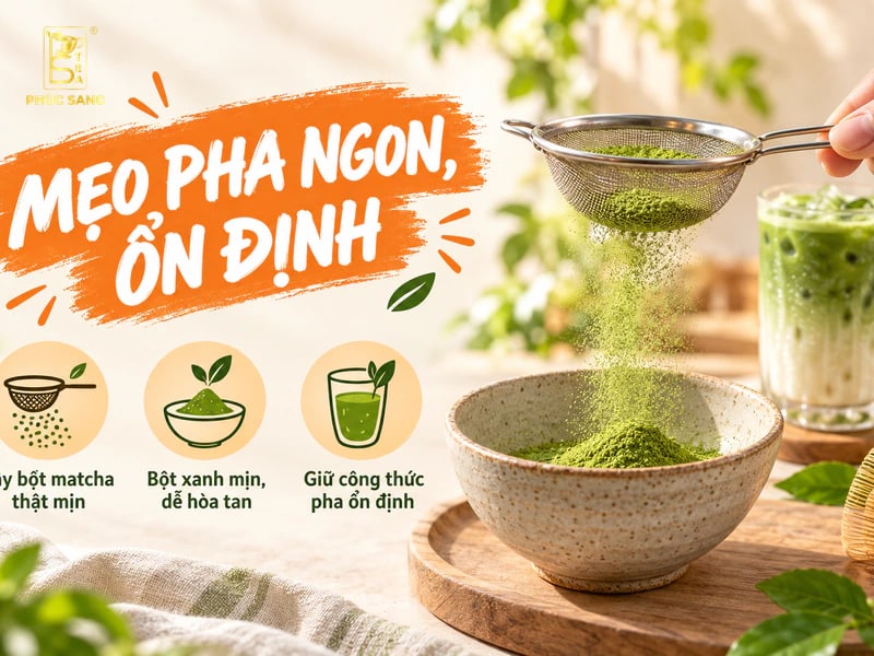 Rây bột matcha mịn trước khi pha matcha latte oatside Rây bột matcha mịn trước khi pha matcha latte oatside