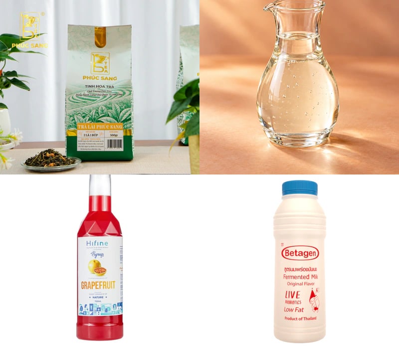 Nguyên liệu pha trà bưởi hồng yakult gồm trà lài, siro bưởi hồng, Betagen và tép bưởi