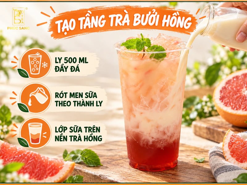Rót Betagen theo thành ly tạo lớp phân tầng cho trà bưởi hồng yakult