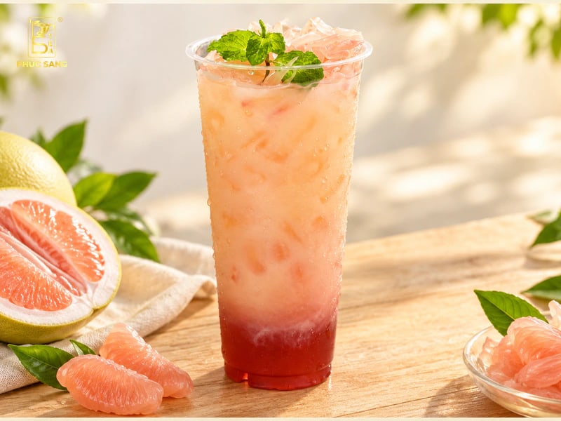Ly trà bưởi hồng yakult hoàn thiện với tép bưởi và lá húng lủi