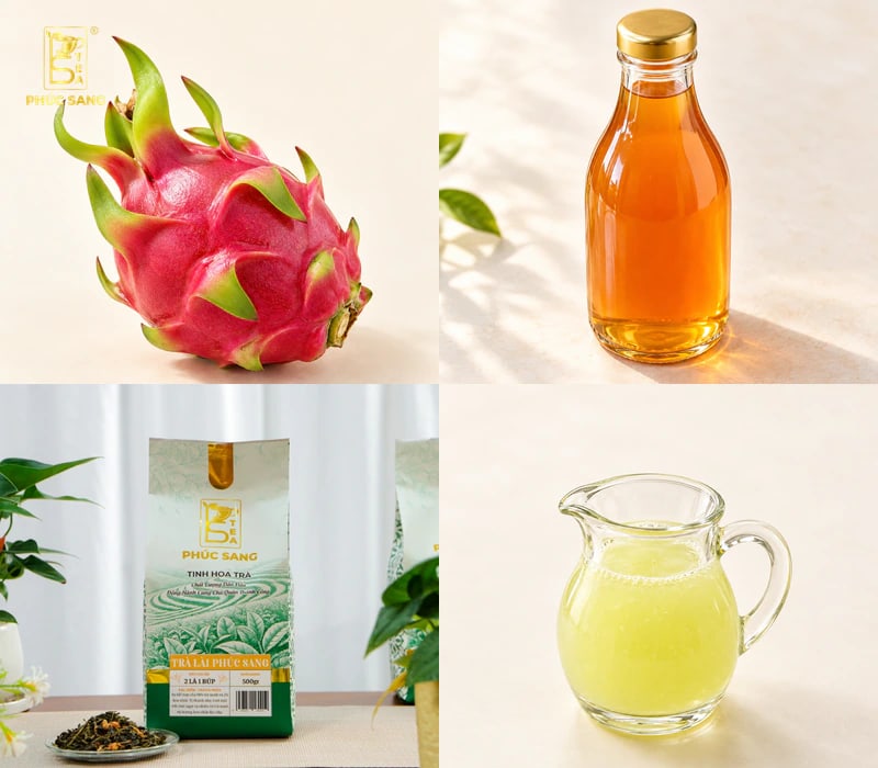 Nguyên liệu làm trà chanh đào hồng gồm thanh long đỏ, chanh, syrup đào và trà nhài