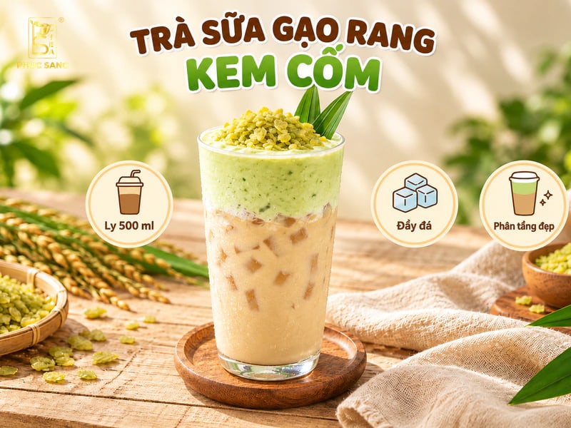 Cách làm trà sữa gạo rang kem cốm ngon, phân tầng đẹp
